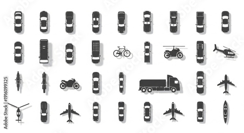Collection of various transportation vehicles seen from above.