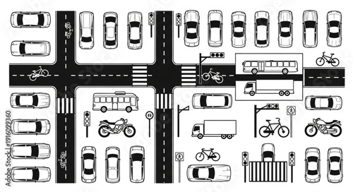 Aerial View of City Traffic Intersection with Cars Buses and Bicycles.