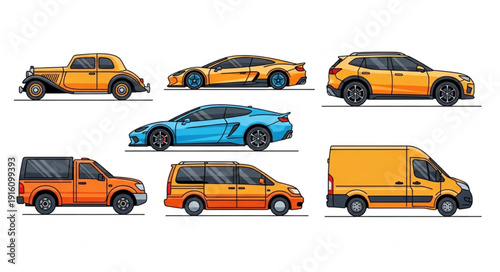 Collection of diverse vehicles including cars vans and trucks.