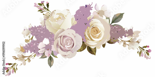 Watercolor floral arrangement featuring roses lilac and delicate leaves