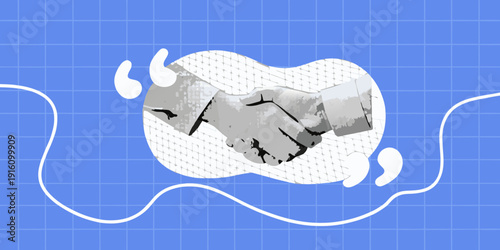 A grayscale handshake illustration within a speech bubble on a blue background