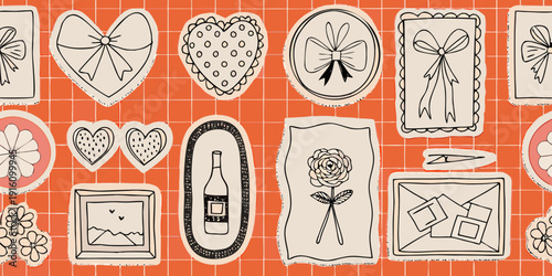 Whimsical hand drawn illustrations of hearts flowers and framed artwork on orange