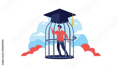 Educated man trapped in birdcage with graduation cap top representing student debt crisis, financial burden, and job market limitations.