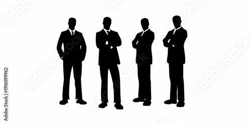 Silhouettes of four men in suits standing with arms crossed