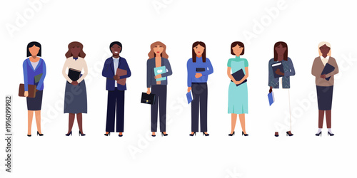 Diverse group of professionals standing in a row facing forward