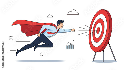 Superhero businessman wearing red cape flying towards bulls-eye target for high performance, goal achievement, and professional success.