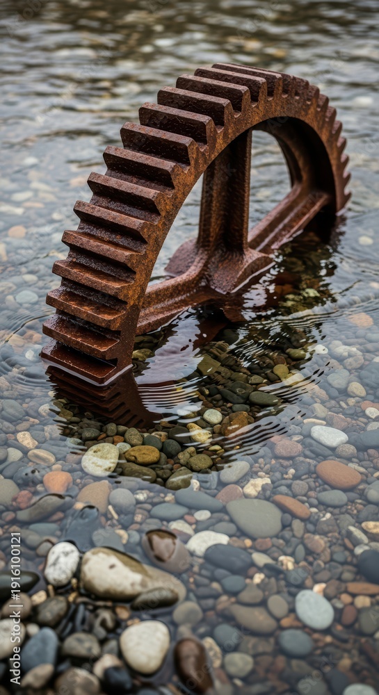 Fototapeta premium Rusty metal gear partially submerged in pebble-strewn river with rippled water surface