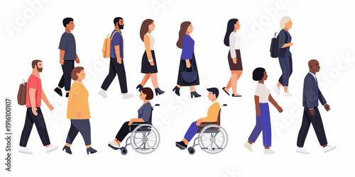 Diverse group of people walking in a city including individuals with disabilities