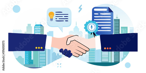 Business agreement illustration featuring a handshake and cityscape backdrop