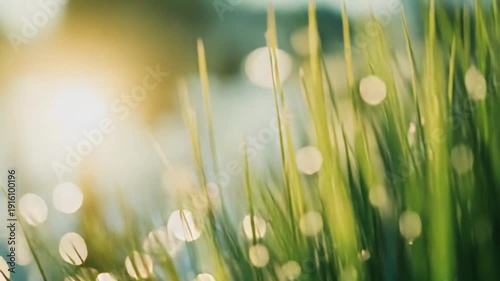 Green grass with sparkling dew drops catching the golden light of the early sun, creating a serene and fresh natural background with glowing water bokeh