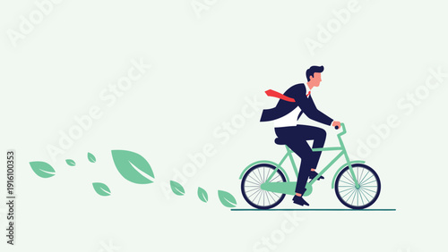 Businessman riding green bicycle with trailing leaves symbolizing eco-friendly commute, sustainable responsibility, and green business.