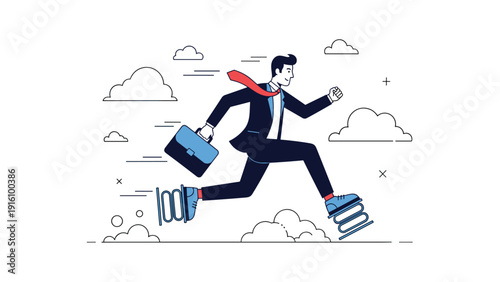 Energetic businessman running with metal springs on his shoes for fast career progress, high productivity, and business efficiency.