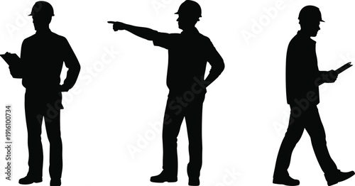 Construction supervisor silhouette set with clipboard pointing gesture isolated on white background vector