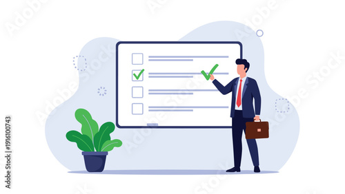 Organized businessman ticking green check marks on large to-do list for project completion, task management, and business success.