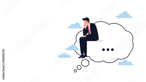 Pensive businessman sitting on white cloud with thought bubble for vision, dreaming, creativity, and future business planning.