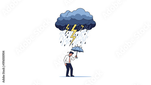 Resilient businessman stands under a dark storm cloud while holding an umbrella to represent overcoming professional challenges.