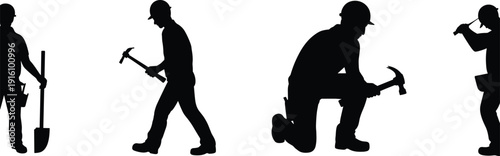 Construction worker silhouettes set, builders with hammers and shovel in action, professional labor collection isolated on white