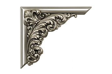 Ornate silver corner frame with antique floral scrollwork engraving. Decorative baroque element for design borders