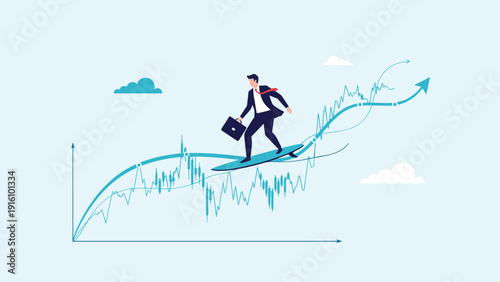 Ambitious businessman surfs on a blue upward arrow through a stock market chart to represent navigating financial growth and risk.