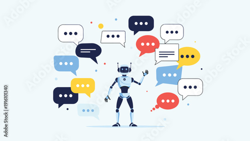 Modern artificial intelligence robot is surrounded by multiple colorful speech bubbles to represent customer service and chat.