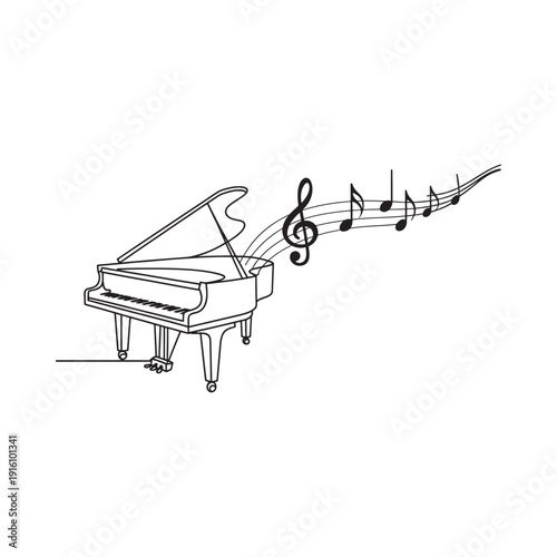 A minimalist line drawing of a grand piano with flowing musical notes