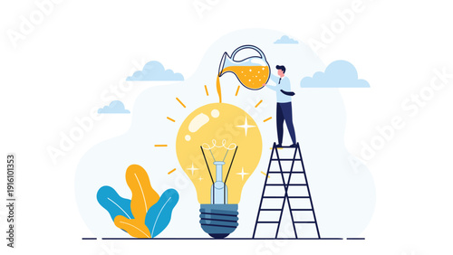 Innovative professional stands on a ladder and pours a golden liquid into a giant lightbulb to represent fueling creative ideas.