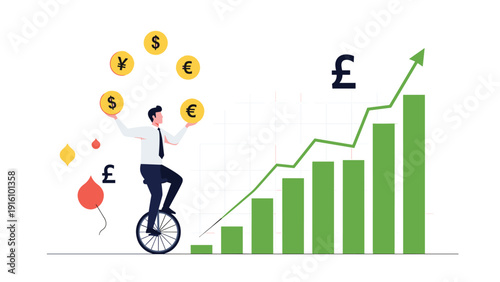 Skilled businessman on a unicycle juggles various currency symbols next to a rising bar chart to represent financial agility.