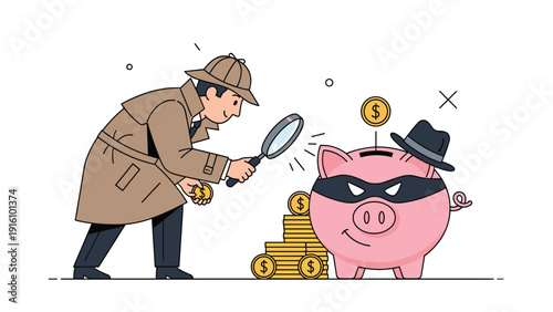Clever detective looks through a magnifying glass at a pink piggy bank wearing a mask to investigate financial fraud and theft.