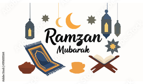 Ramzan Mubarak festive illustration with Islamic lantern prayer mat Quran dates and cultural Ramadan celebration elements
