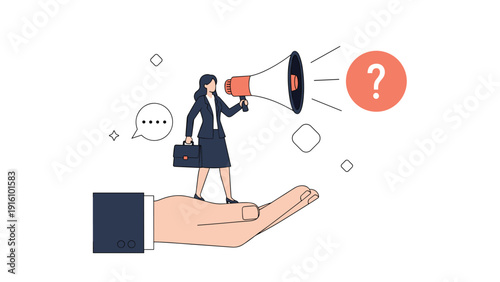 Professional woman standing on a giant hand uses a megaphone to announce news while a question mark floats in the background.