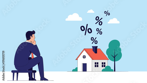 Concerned man sits and watches a small house with percent signs coming from the chimney representing rising mortgage rates.