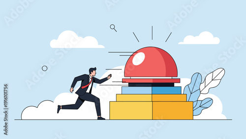 Urgent businessman runs at full speed towards a large red emergency button to solve a crisis or trigger a critical action.