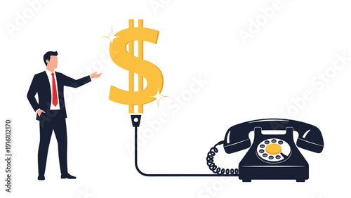 Businessman points towards a giant shiny dollar sign connected by wire to an old rotary telephone, representing financial calls and telemarketing.
