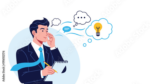 Successful businessman takes notes while talking on phone with glowing idea light bulb bubble, representing brainstorming and creative solutions.