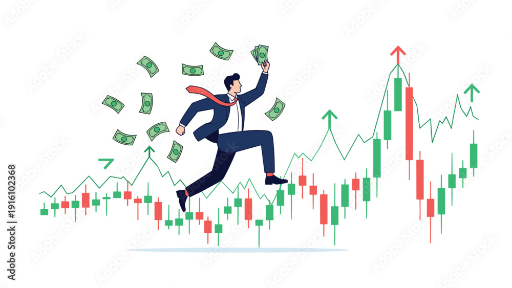 Obraz premium Excited businessman runs along a rising stock market candlestick chart with money flying around him, symbolizing high profit and wealth gain.