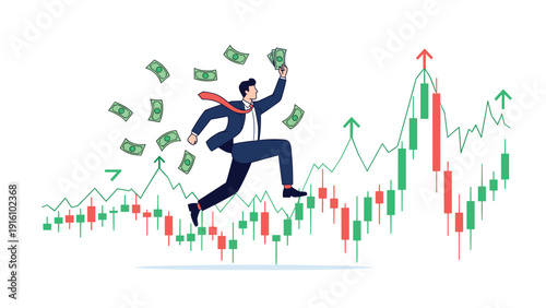 Excited businessman runs along a rising stock market candlestick chart with money flying around him, symbolizing high profit and wealth gain.