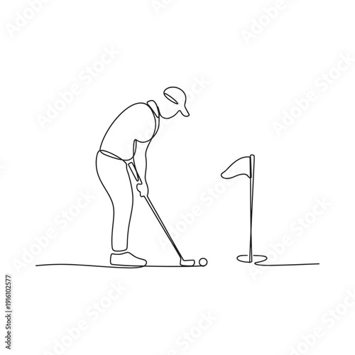 Minimalist one line drawing of a golfer preparing to putt on the green