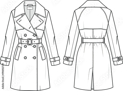 Women Classic Double Breasted Trench Coat Fashion Vector Technical Sketch Template Set Front and Back View with Belted Waist Detail