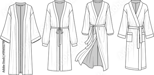 Women Loungewear Bathrobe and Kimono Cardigan Fashion Vector Technical Sketch Template Set with Belted Waist and Long Sleeve Design Details
