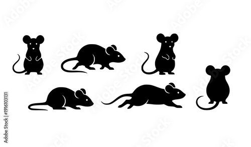Minimal mouse silhouette vector illustration collection with multiple angles and poses isolated on white