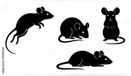 Artistic mouse silhouette vector art set with dynamic rodent poses in bold black design