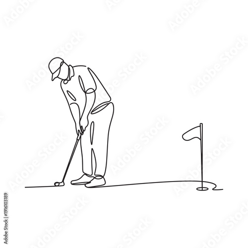 Minimalist line drawing of a golfer preparing to putt on a green