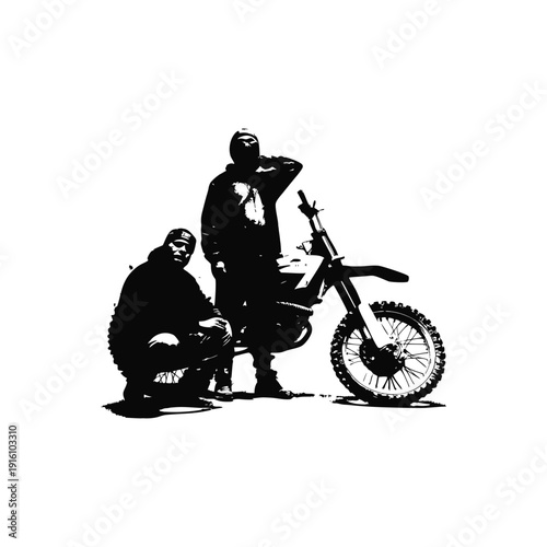 Black and white illustration of a man with a dirt bike in street art style, grunge style, vintage retro style
