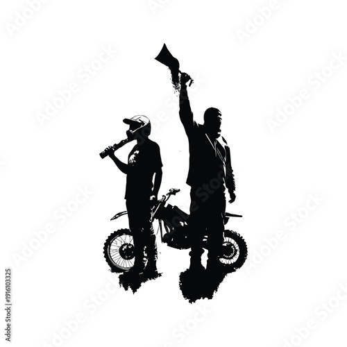 Black and white illustration of a man with a dirt bike in street art style, grunge style, vintage retro style