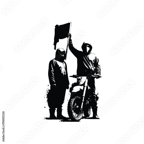 Black and white illustration of a man with a dirt bike in street art style, grunge style, vintage retro style