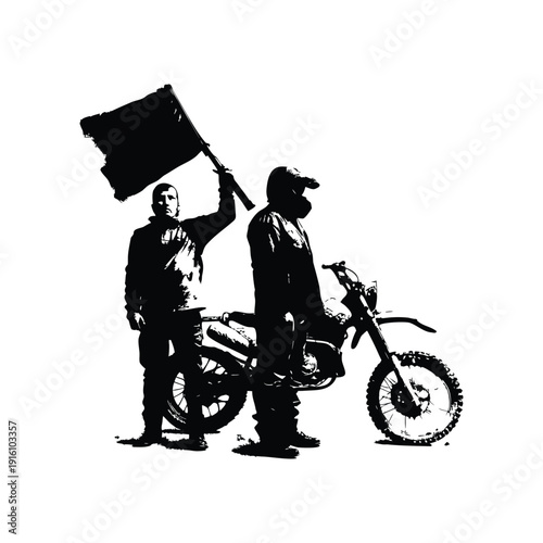 Black and white illustration of a man with a dirt bike in street art style, grunge style, vintage retro style