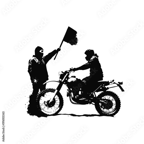Black and white illustration of a man with a dirt bike in street art style, grunge style, vintage retro style