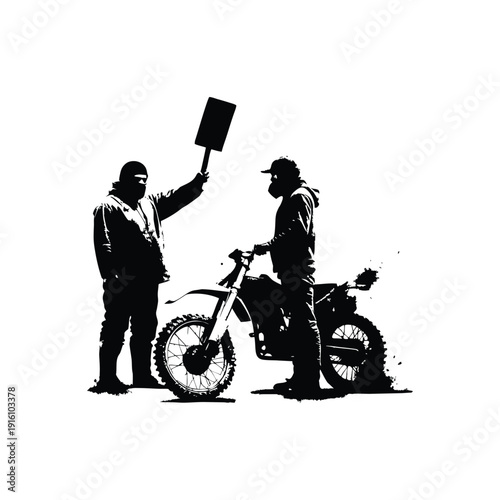 Black and white illustration of a man with a dirt bike in street art style, grunge style, vintage retro style