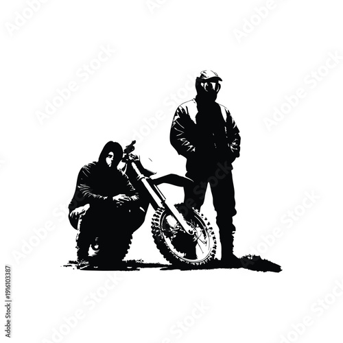 Black and white illustration of a man with a dirt bike in street art style, grunge style, vintage retro style