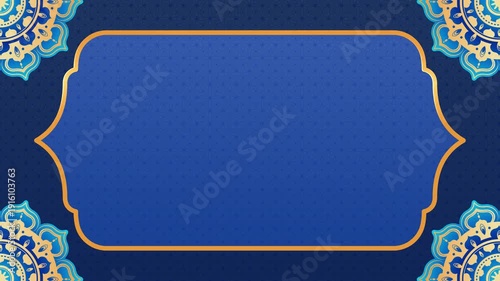 Cinematic Ramadan mandala background featuring luminous gold ornament on a dark navy blue gradient with soft light effects